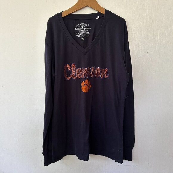Three Square Tops - Clemson University Tigers Long Sleeve T-shirt Womens XL V-neck Bedazzled FLAW